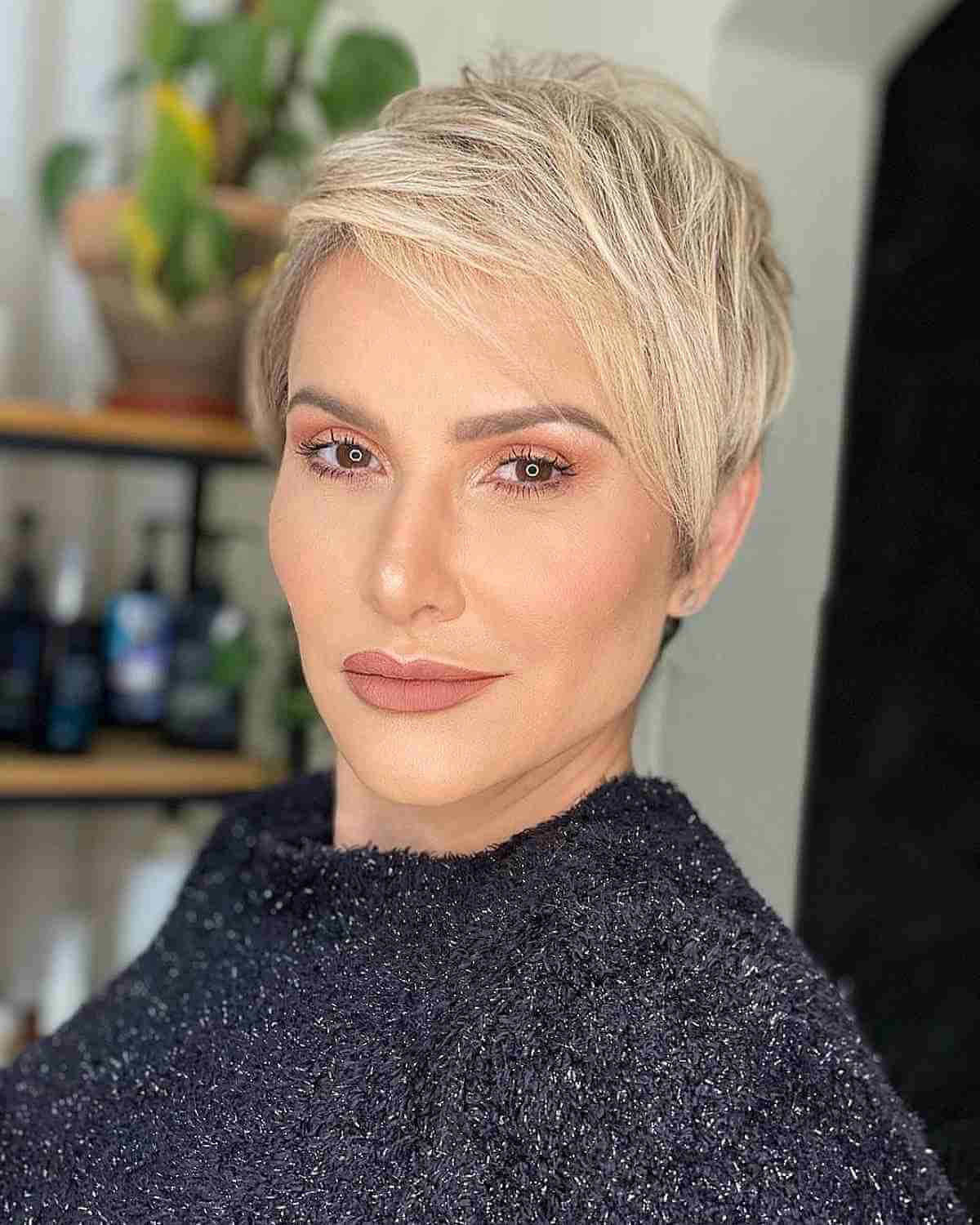 buttery blonde pixie with side bangs for ladies 40 and up