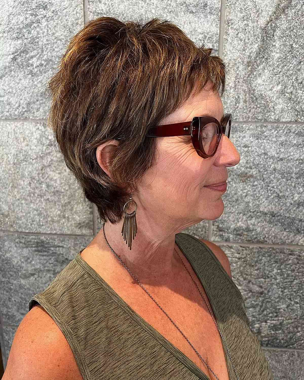 chestnut brown sassy shag for ladies past 60 with glasses