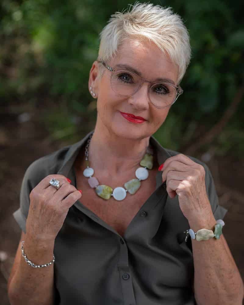 chic super short cut for ladies over 50 with glasses