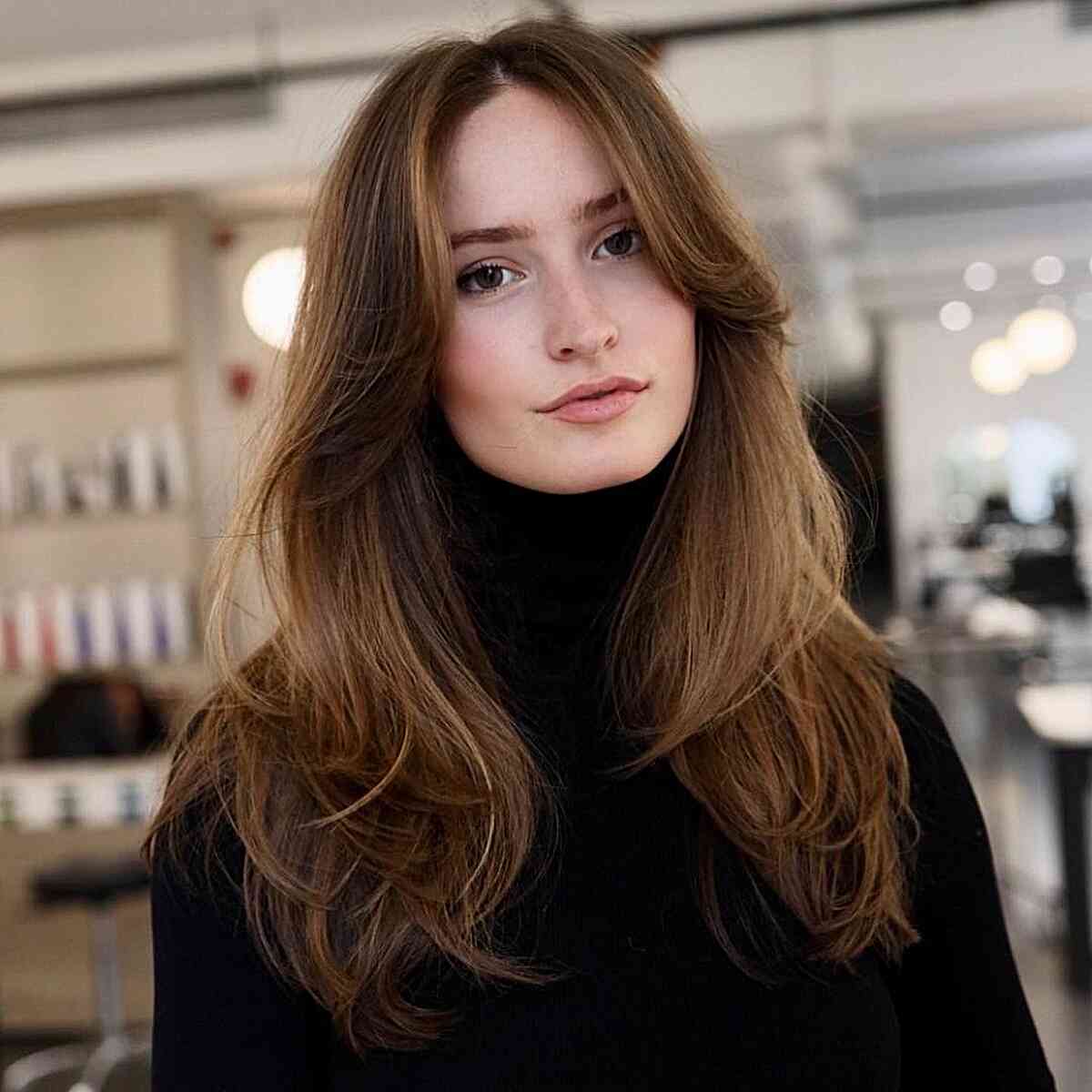curtain bangs on long layered straight hair by shojii