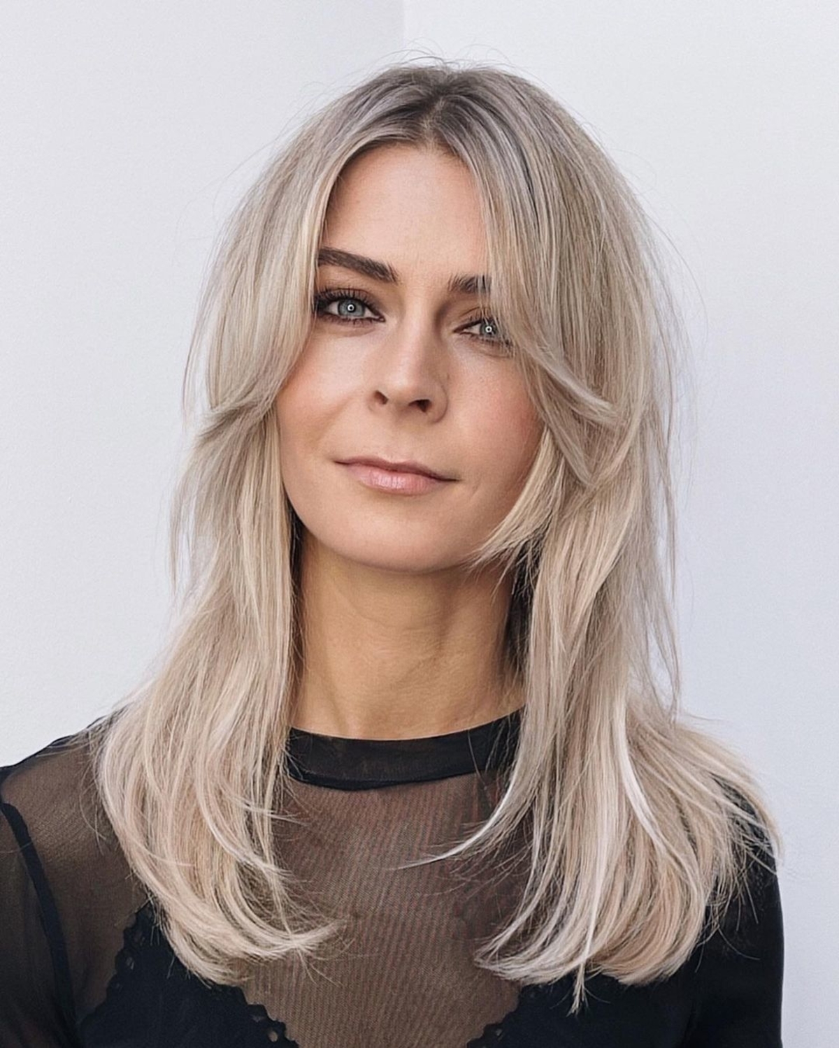 curtain bangs on mid length hair