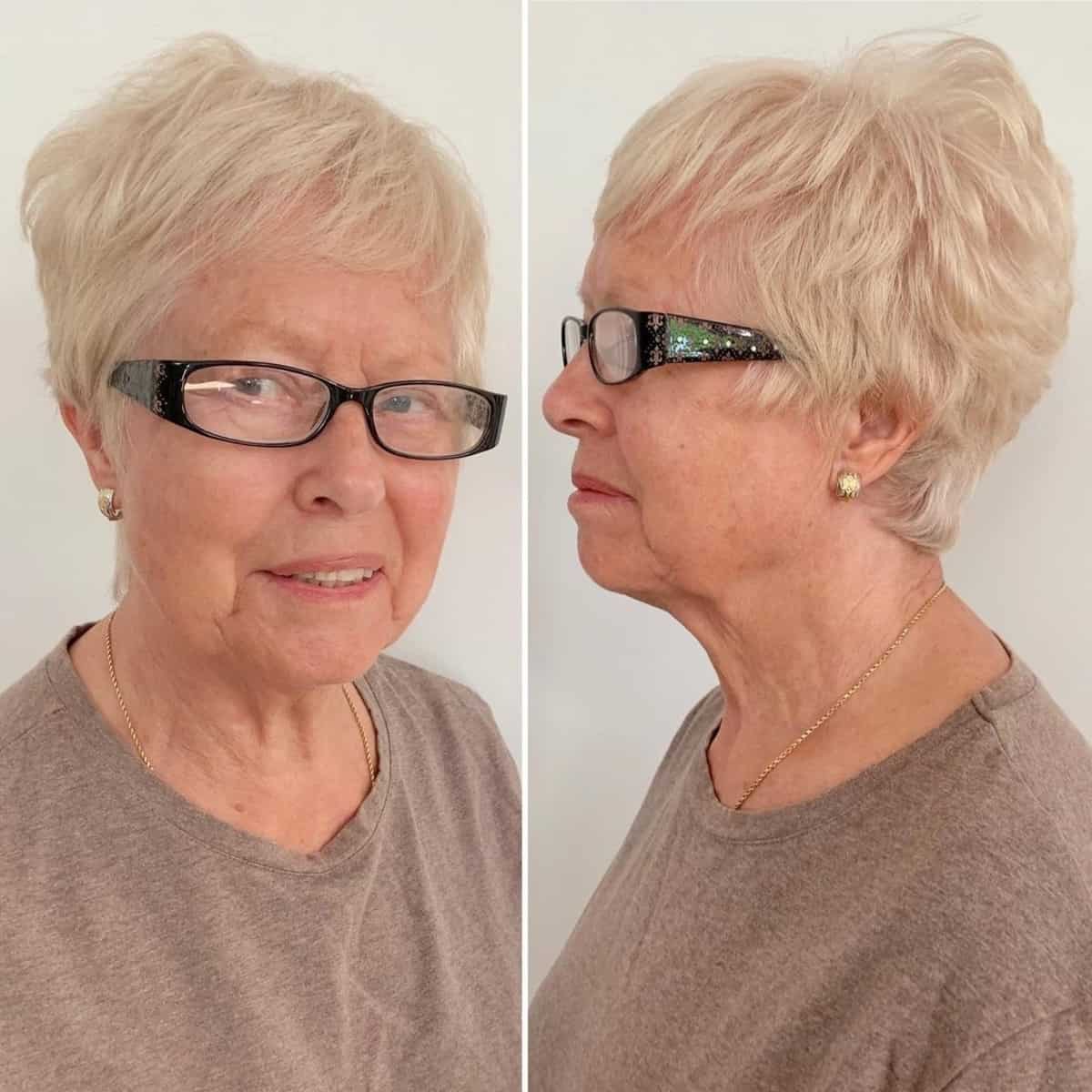 feathered pixie for older women 70 plus with glasses