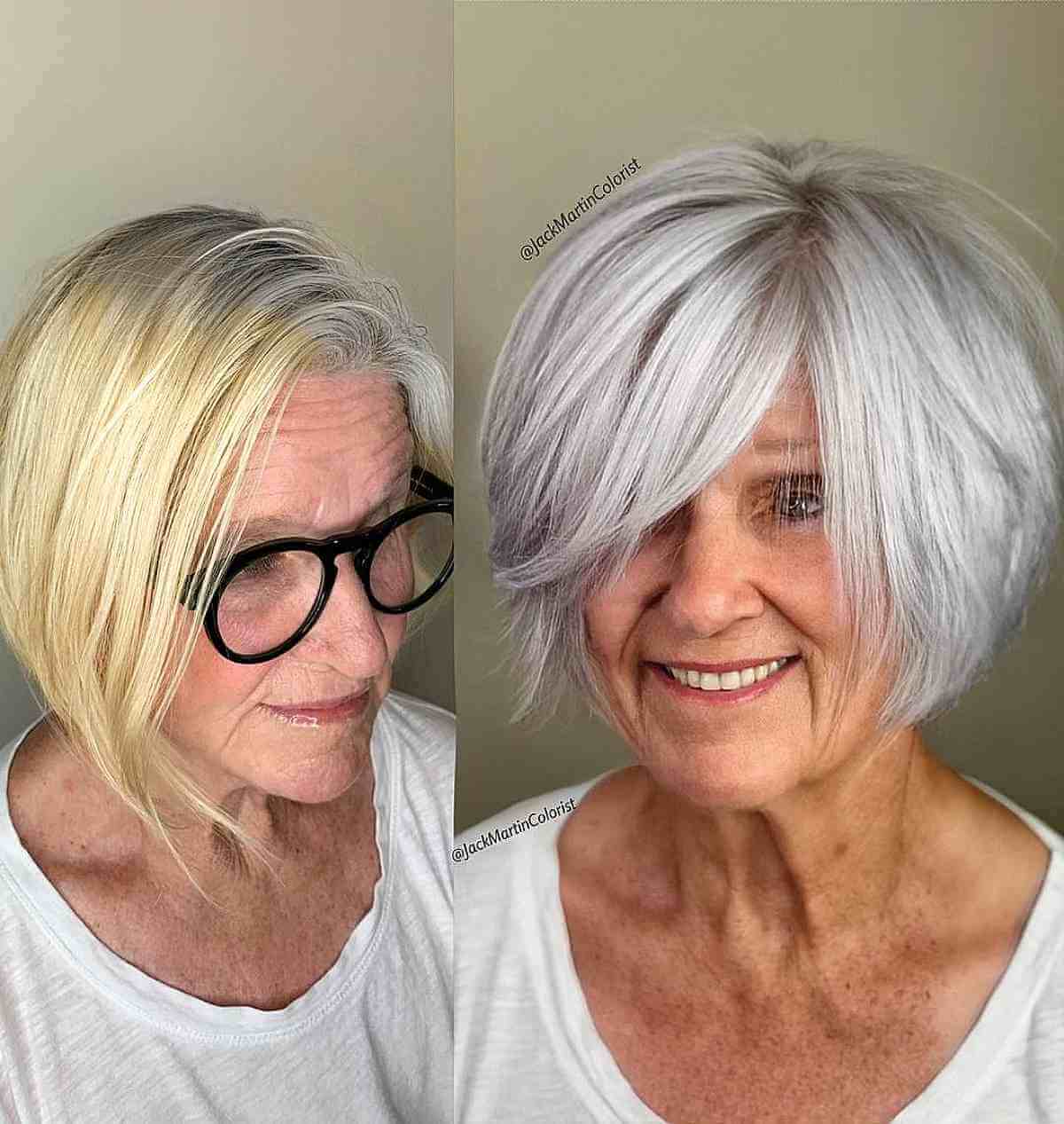 fluffy silver hair with long bangs for ladies over seventy