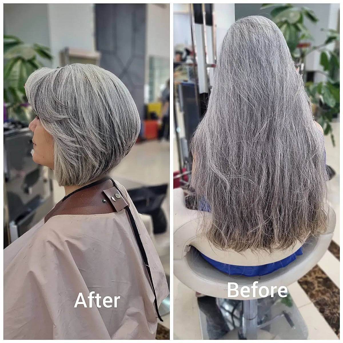 gorgeous salt and pepper angled bob for 60 year old ladies