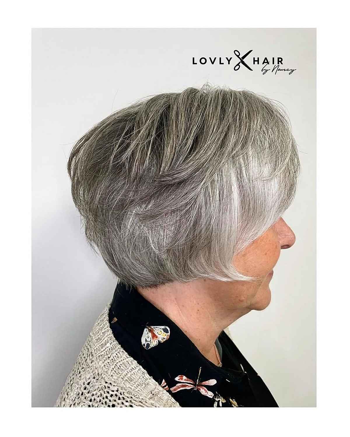 grey bob with soft layers for older women past 60