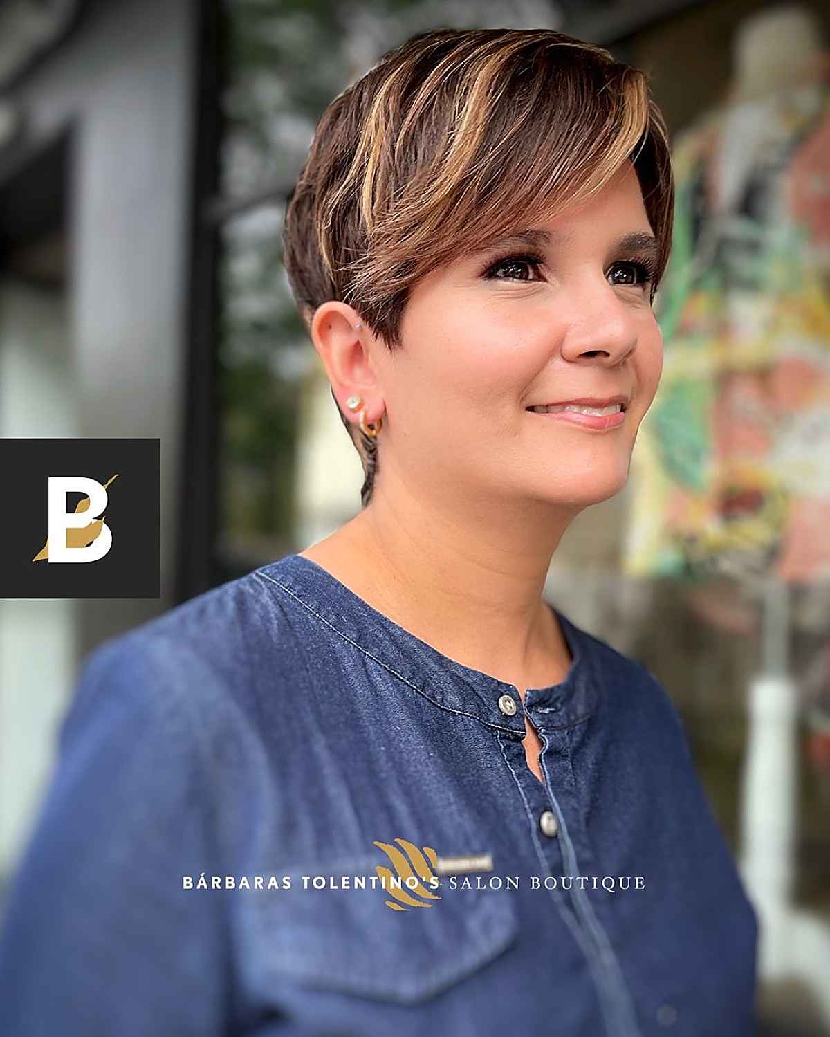highlighted pixie with a fringe for women over forty