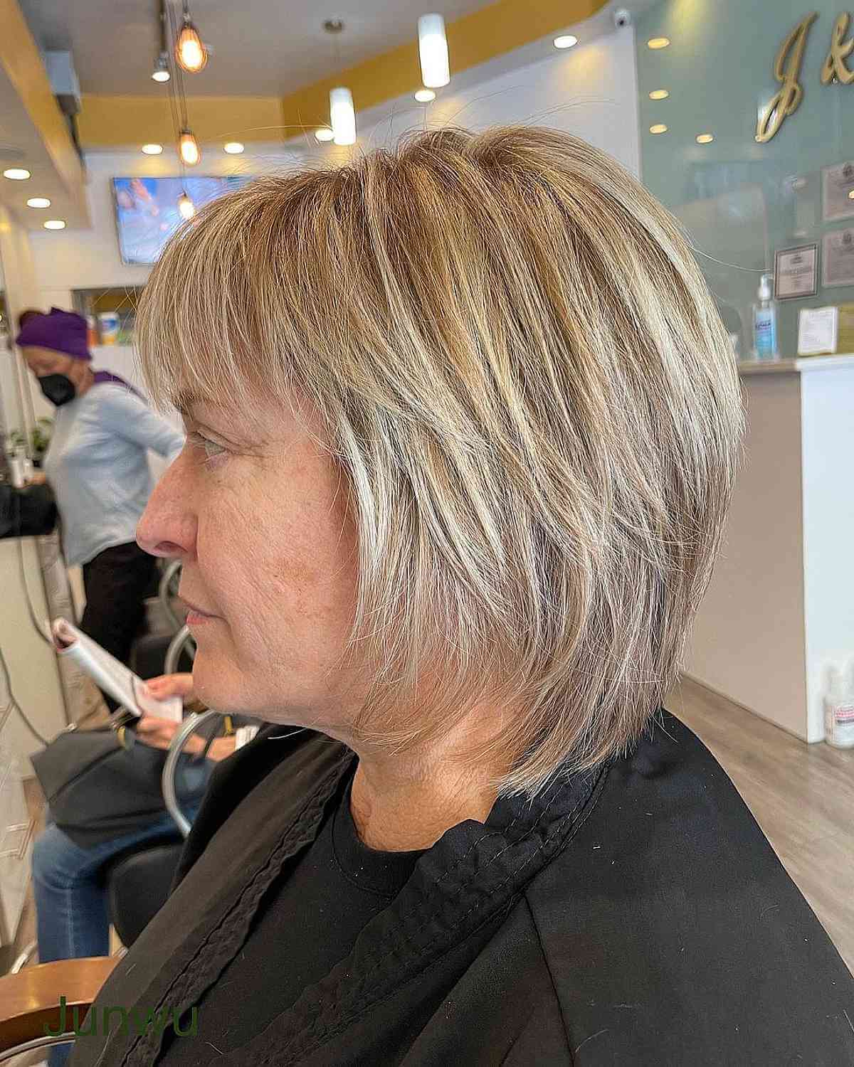 layered bob with wispy bangs for straight hair for 70 year old ladies