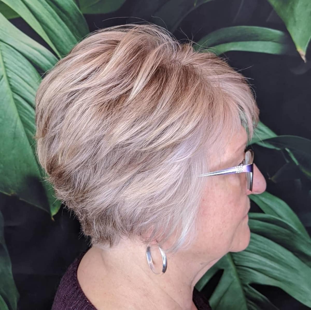layered crop for fine haired seniors over 60 with glasses