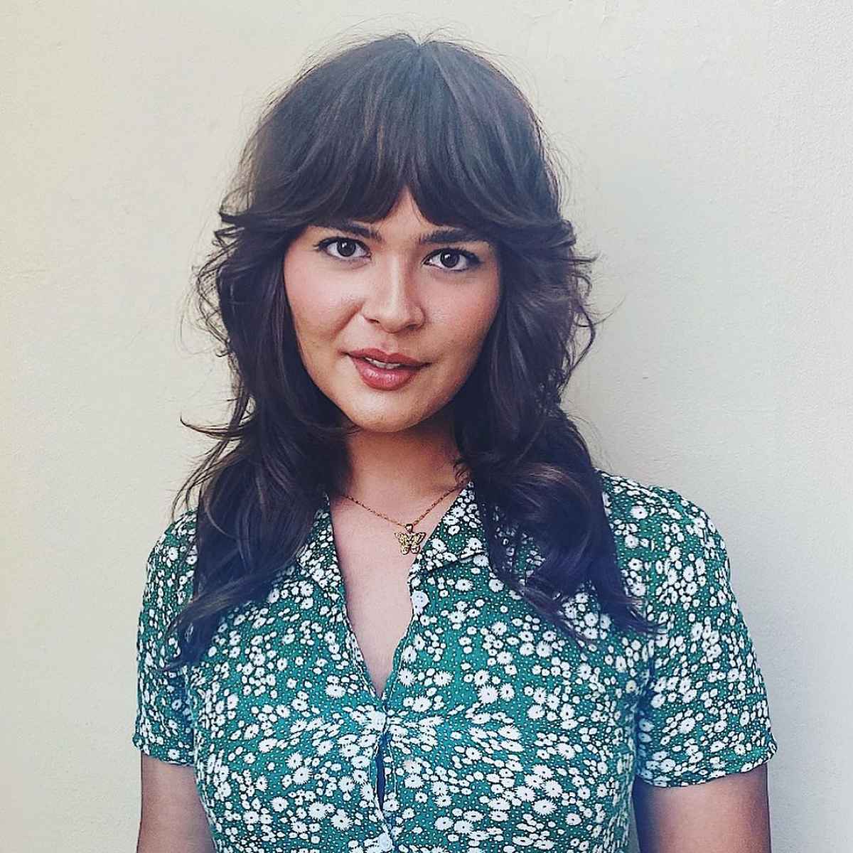 layered hair with bardot bangs