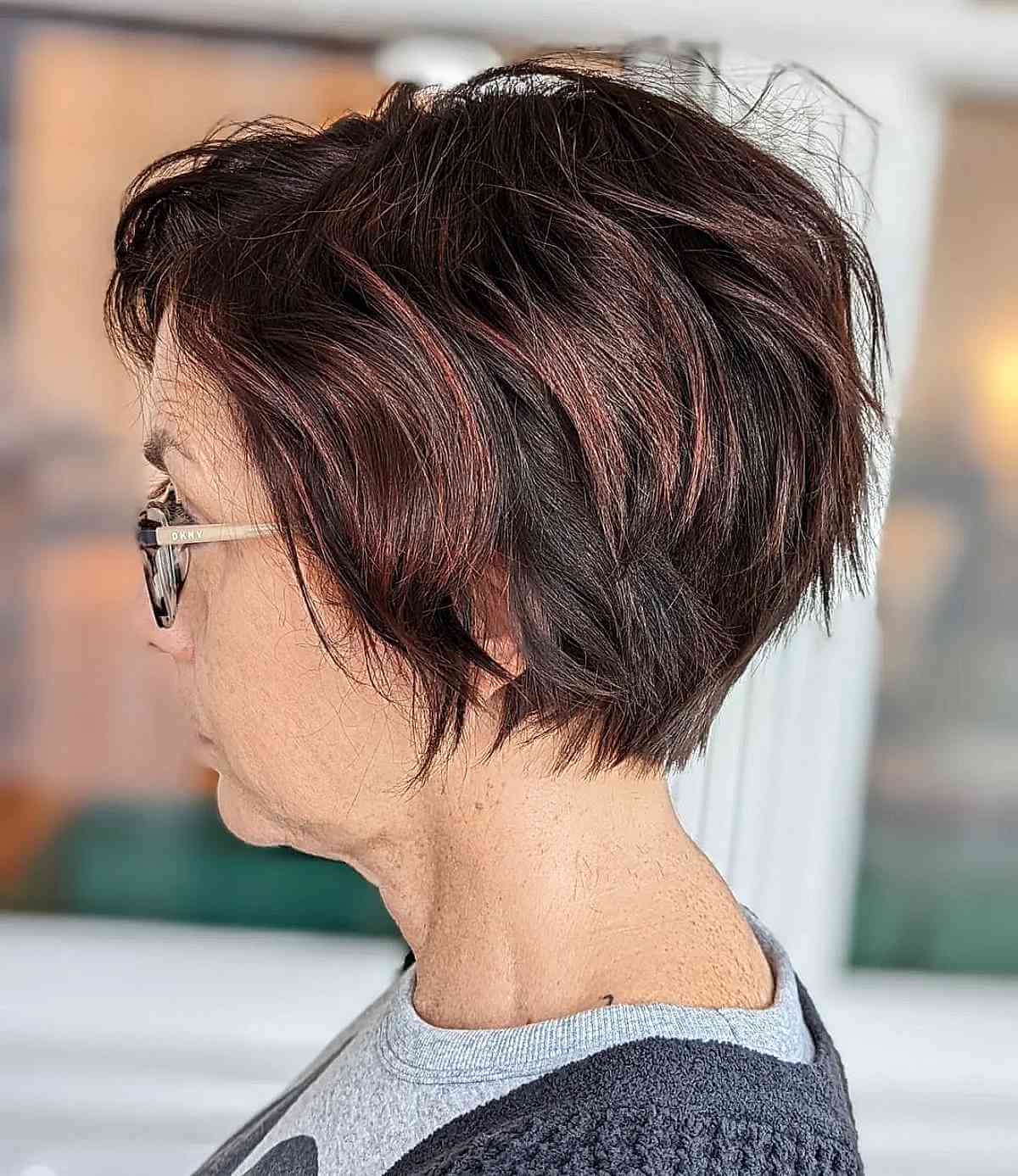 layered pixie bob for older women with glasses for 70 year old women