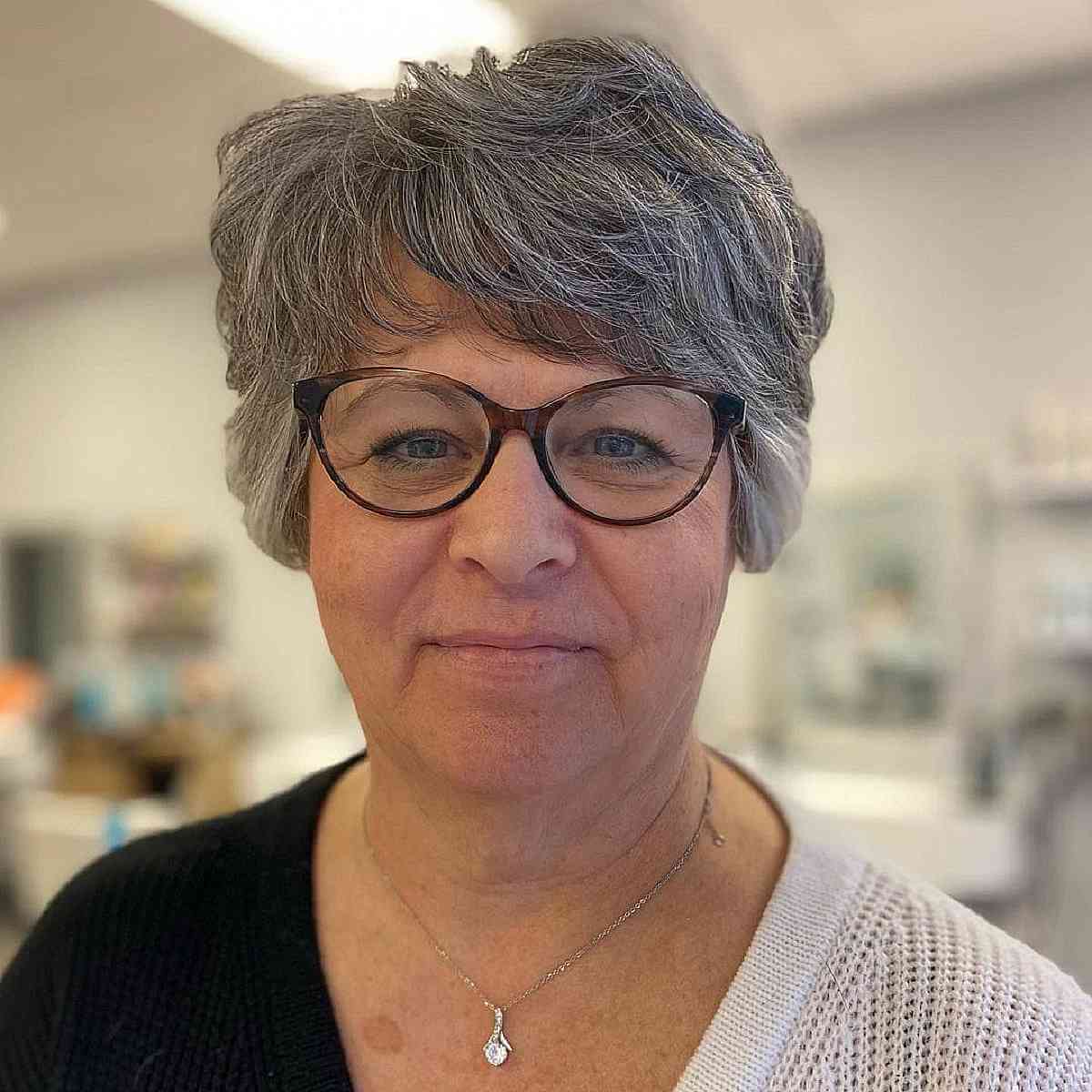 layered pixie for plus size women in their 60s with glasses