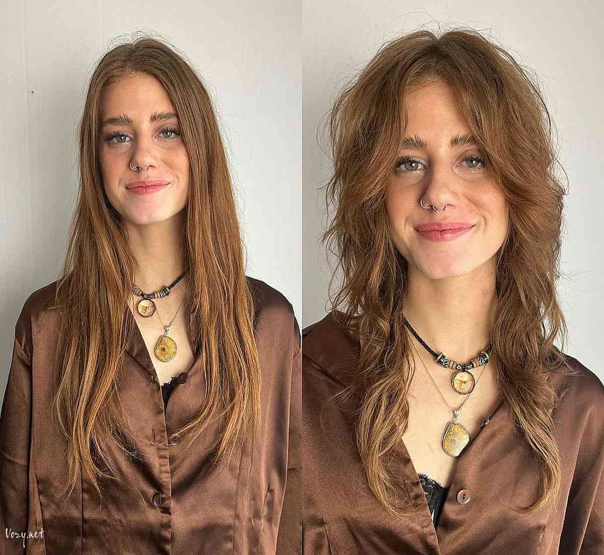 long curtain bangs on a textured shag 1
