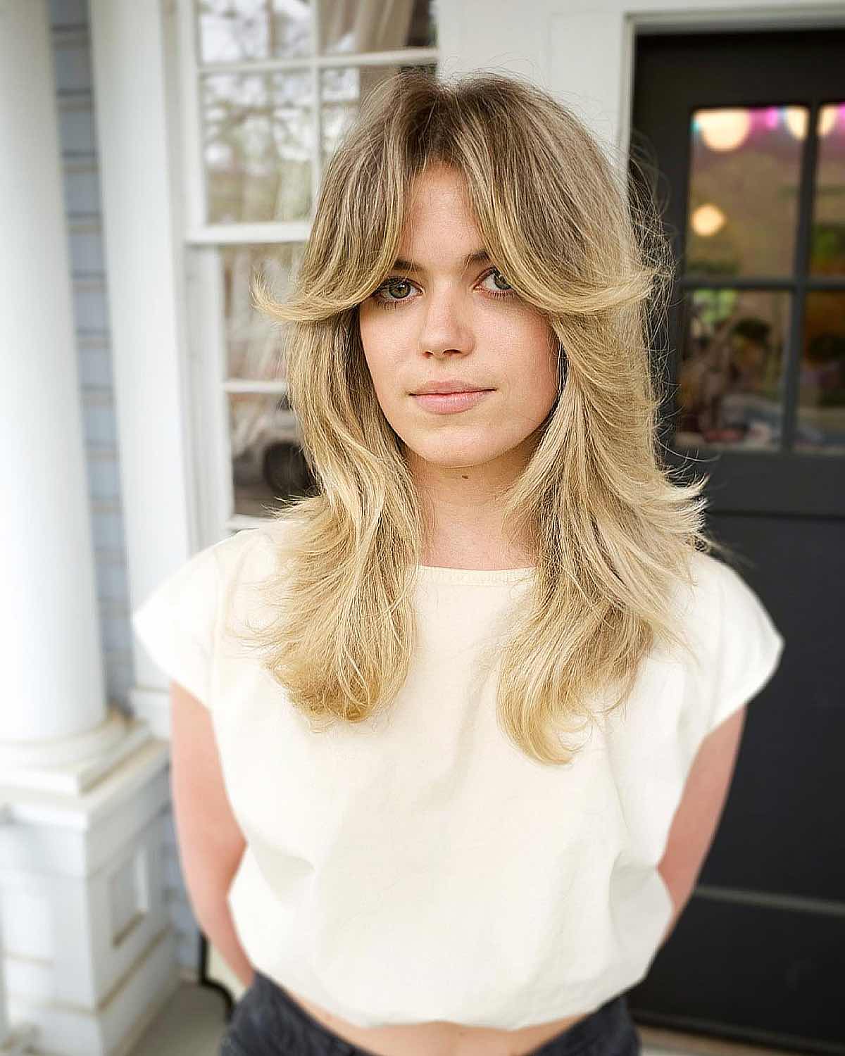 long curtain bangs on mid length hair