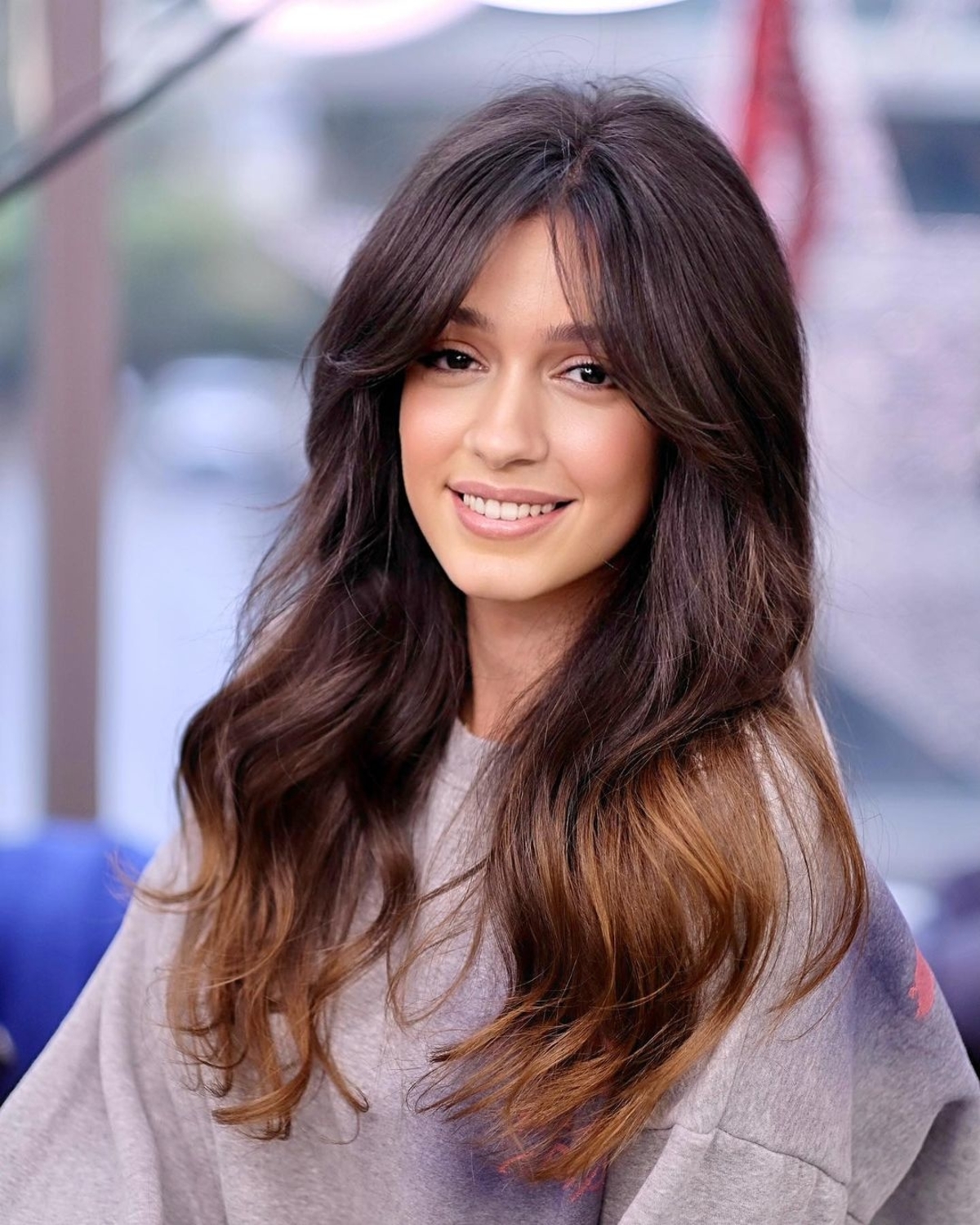 long curtain bangs on very long hair
