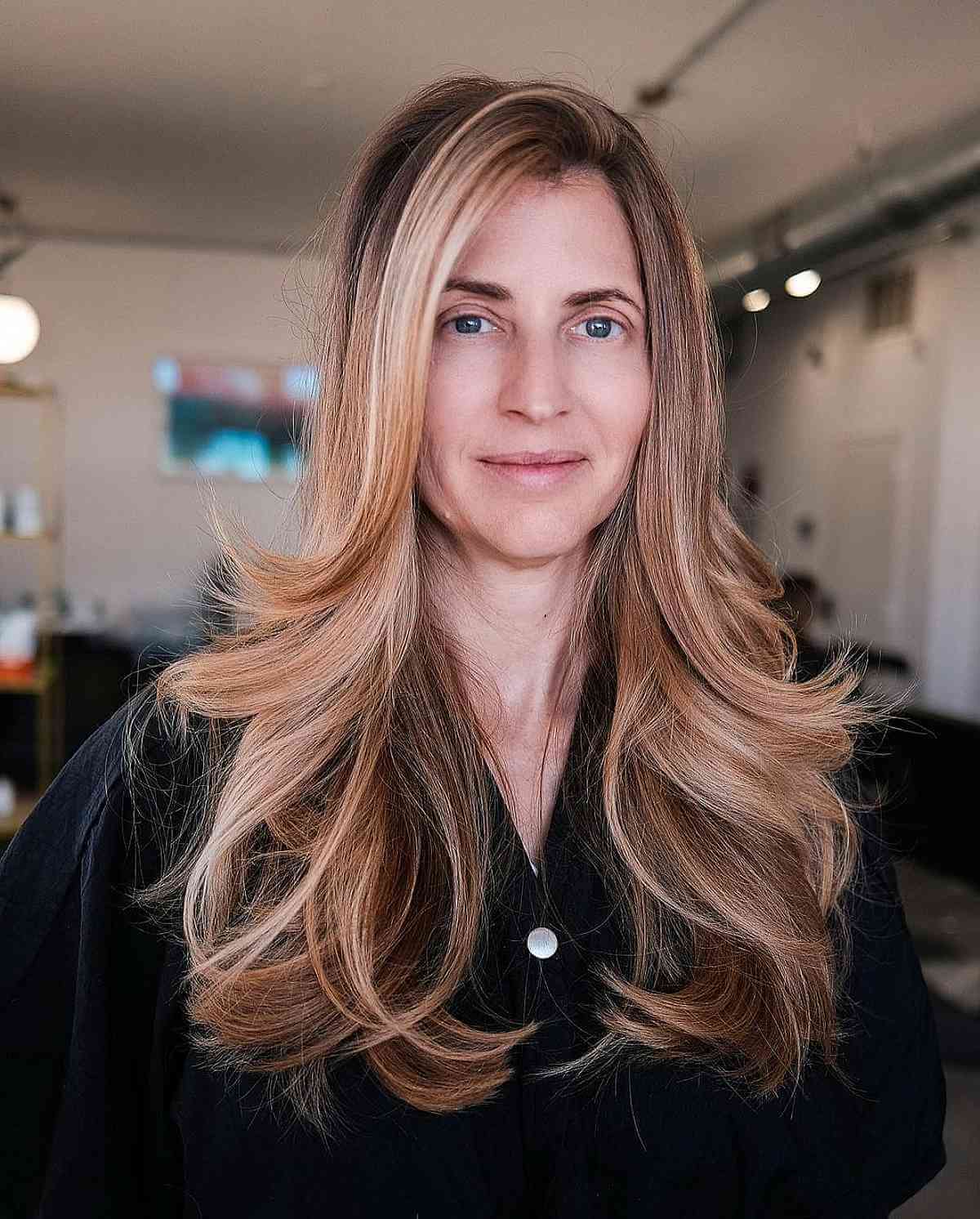 long feathered layers for thick hair for ladies past 40