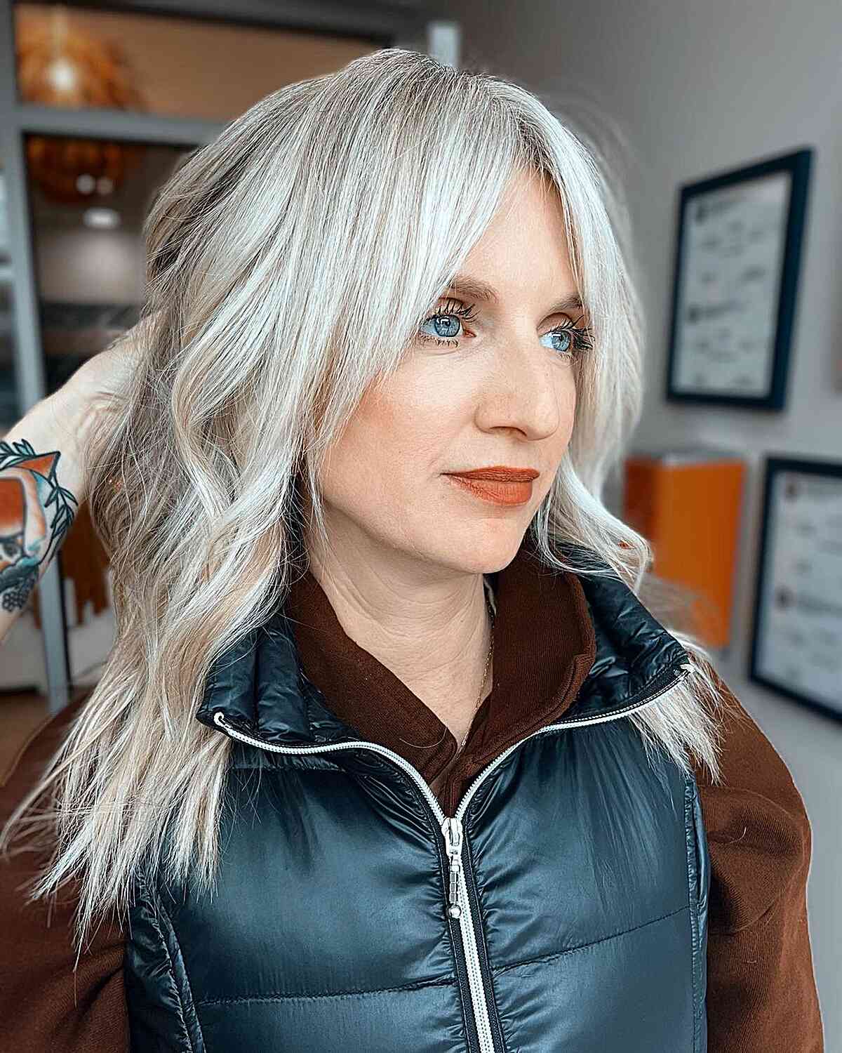 long grey hair with curtain bangs for older women by parkhausogden