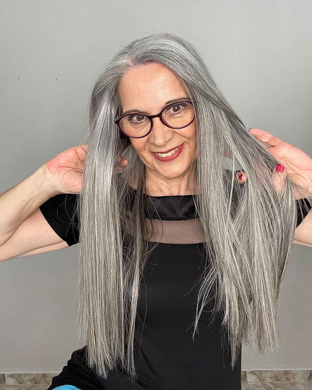 long hair with glasses for a lady in her 60s