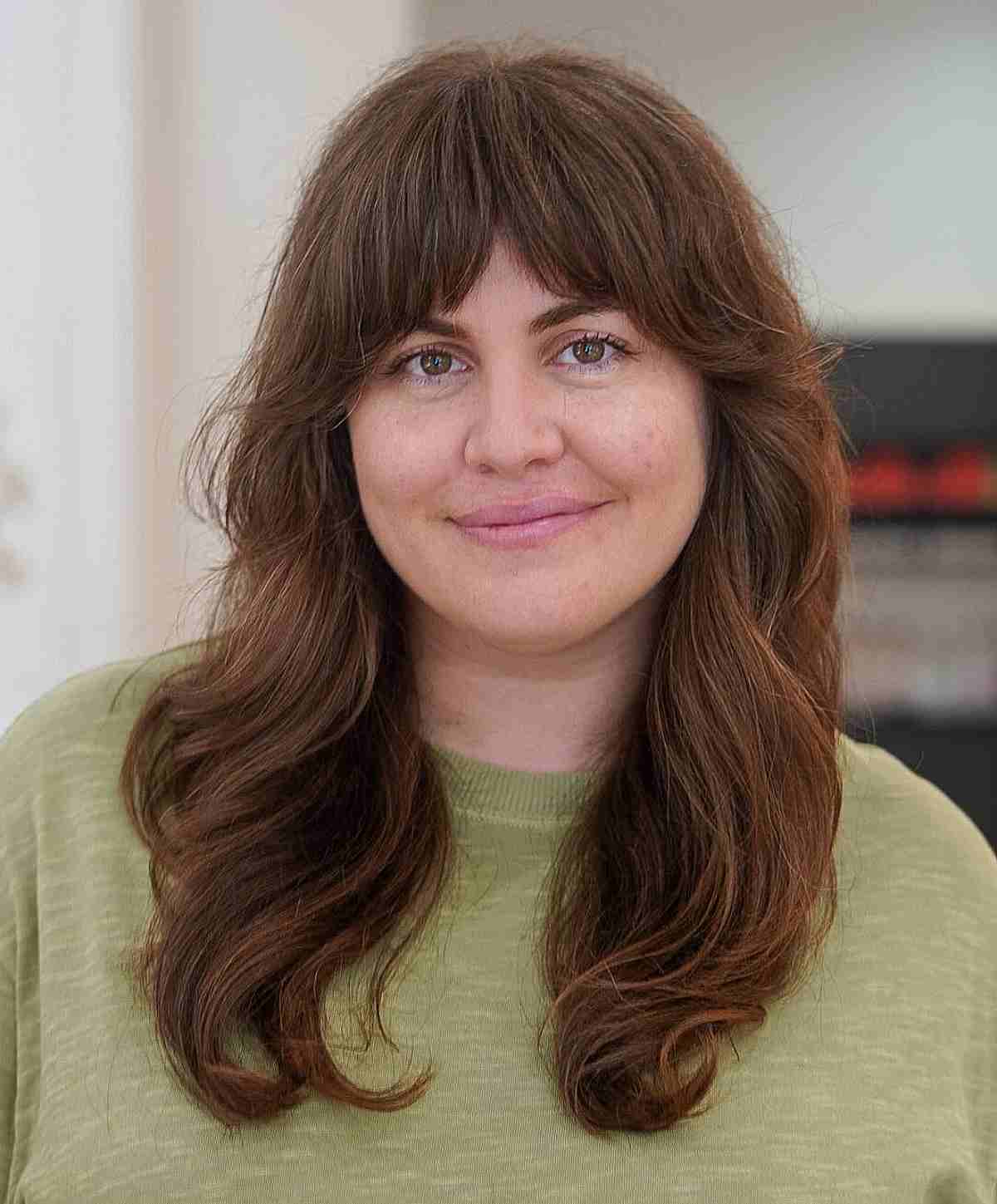 long hair with short curtain bangs on round face and overweight