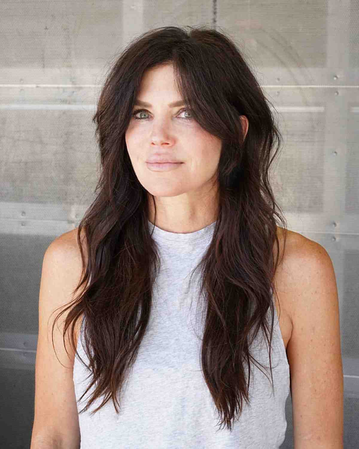 long layered brunette hair for ladies over forty
