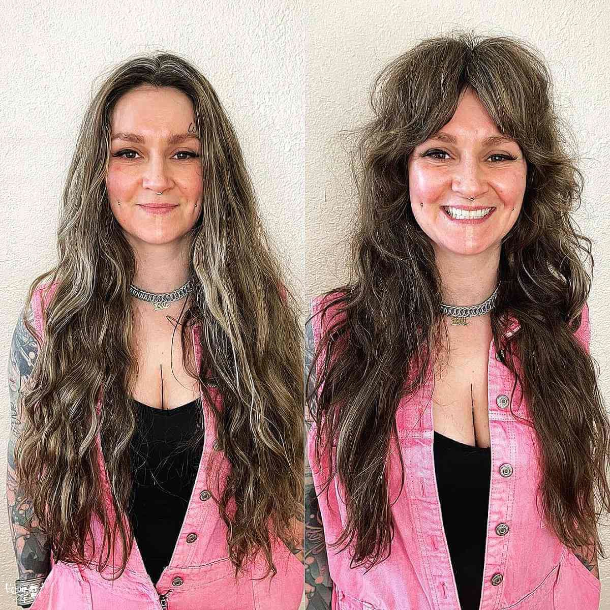 long shag with curtain bangs for women over 40