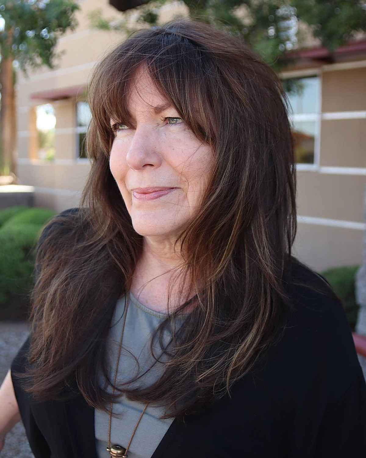 long shag with face framing layers for a lady over 60