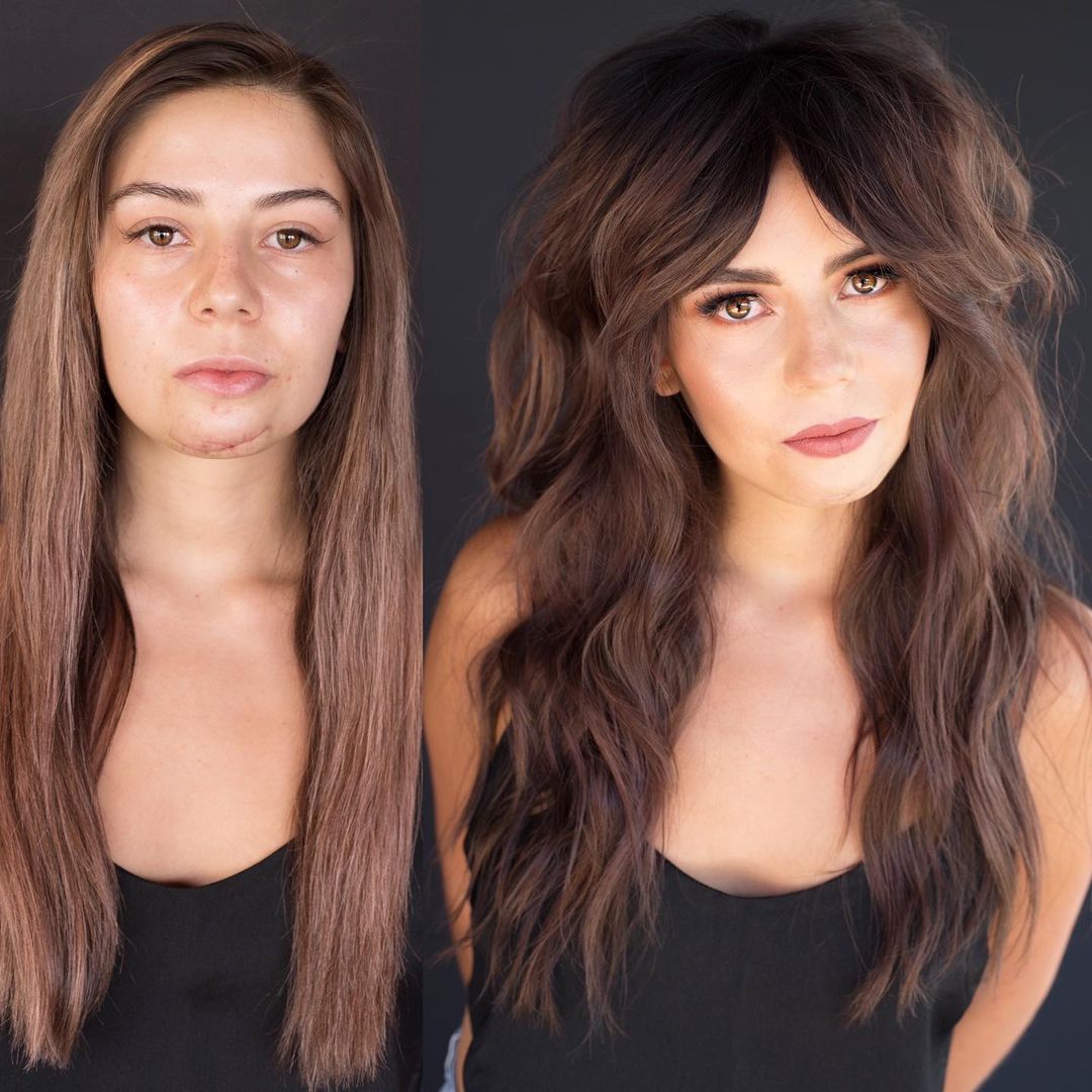 long shaggy hair with curtain bangs