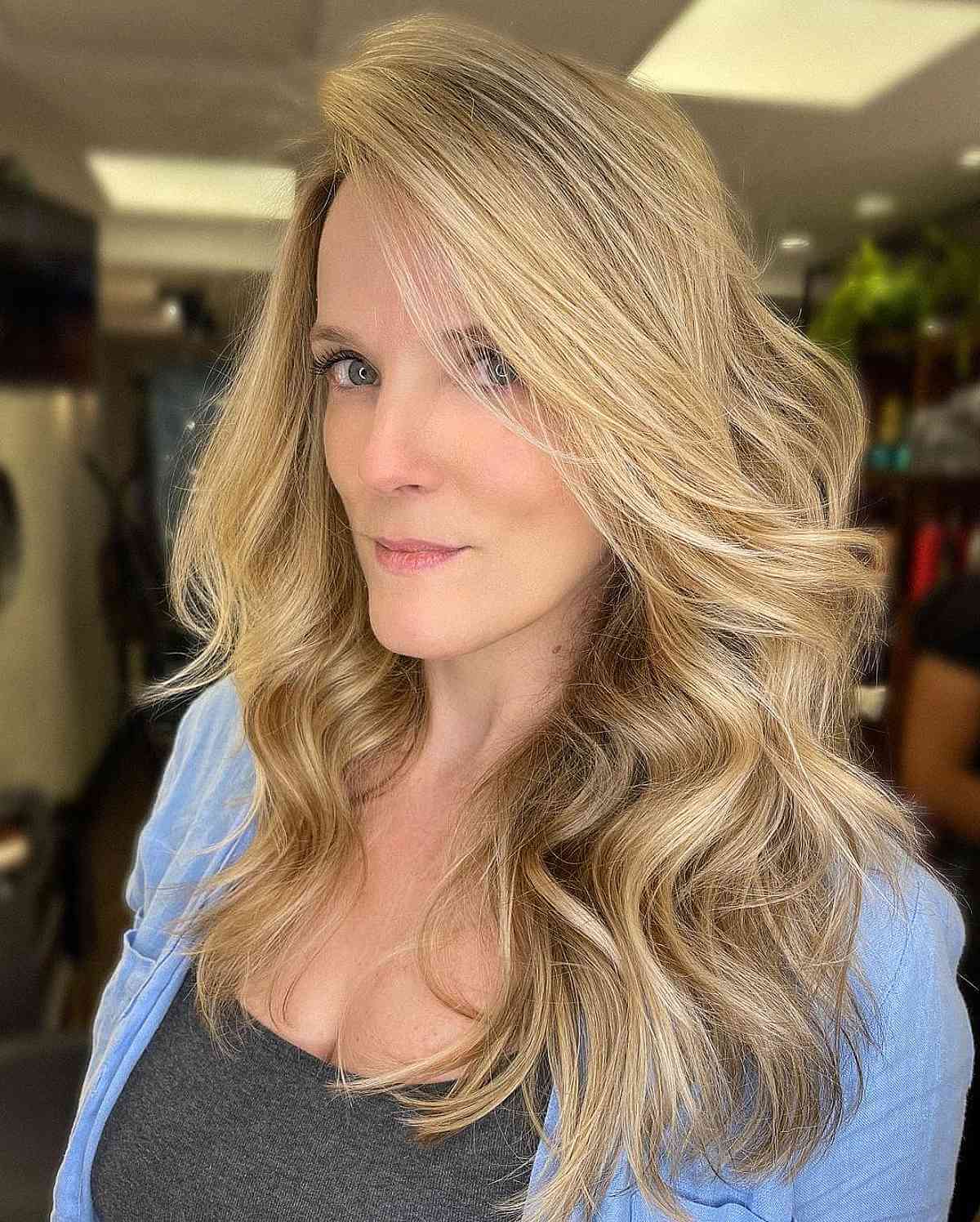 long side swept hair with layers for ladies 40 and up
