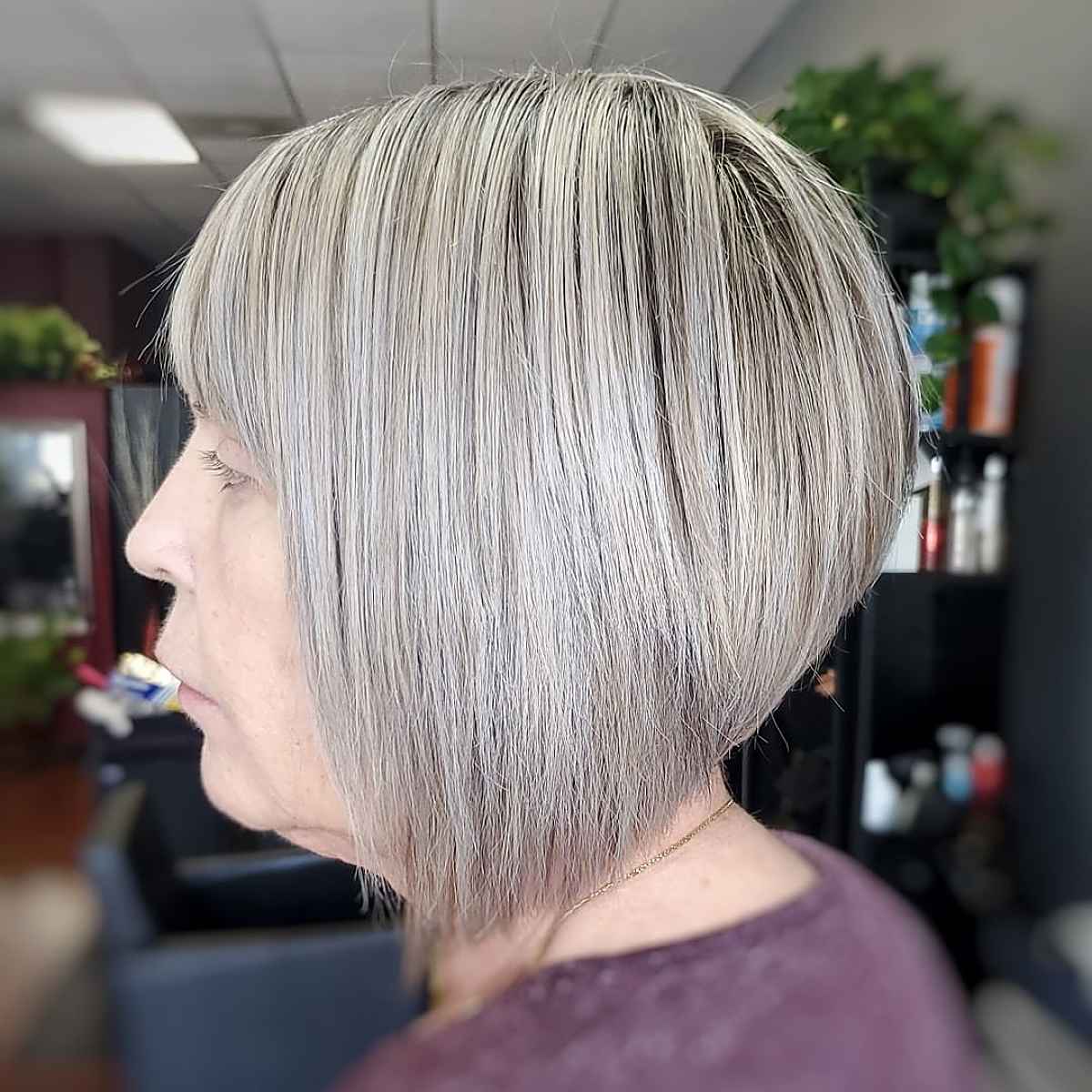 low maintenance angled bob for 60 year old ladies