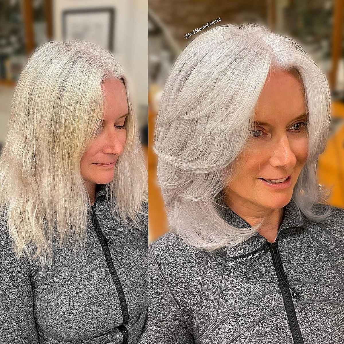 medium bob for ladies over 60 with feathered layers on white hair