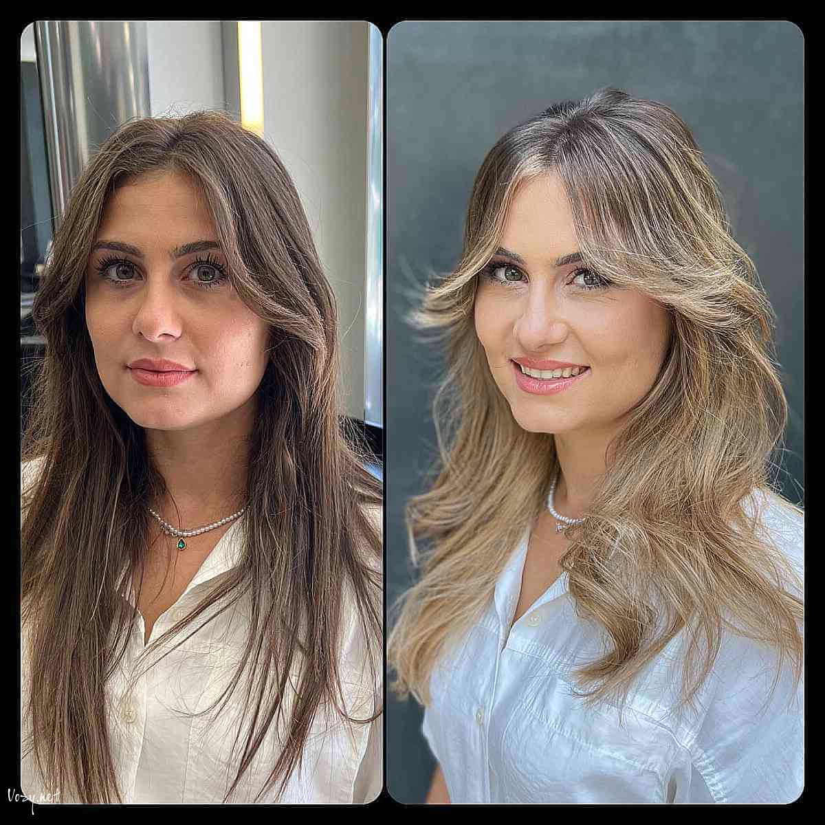 medium length blonde balayage with flowing curtain bangs
