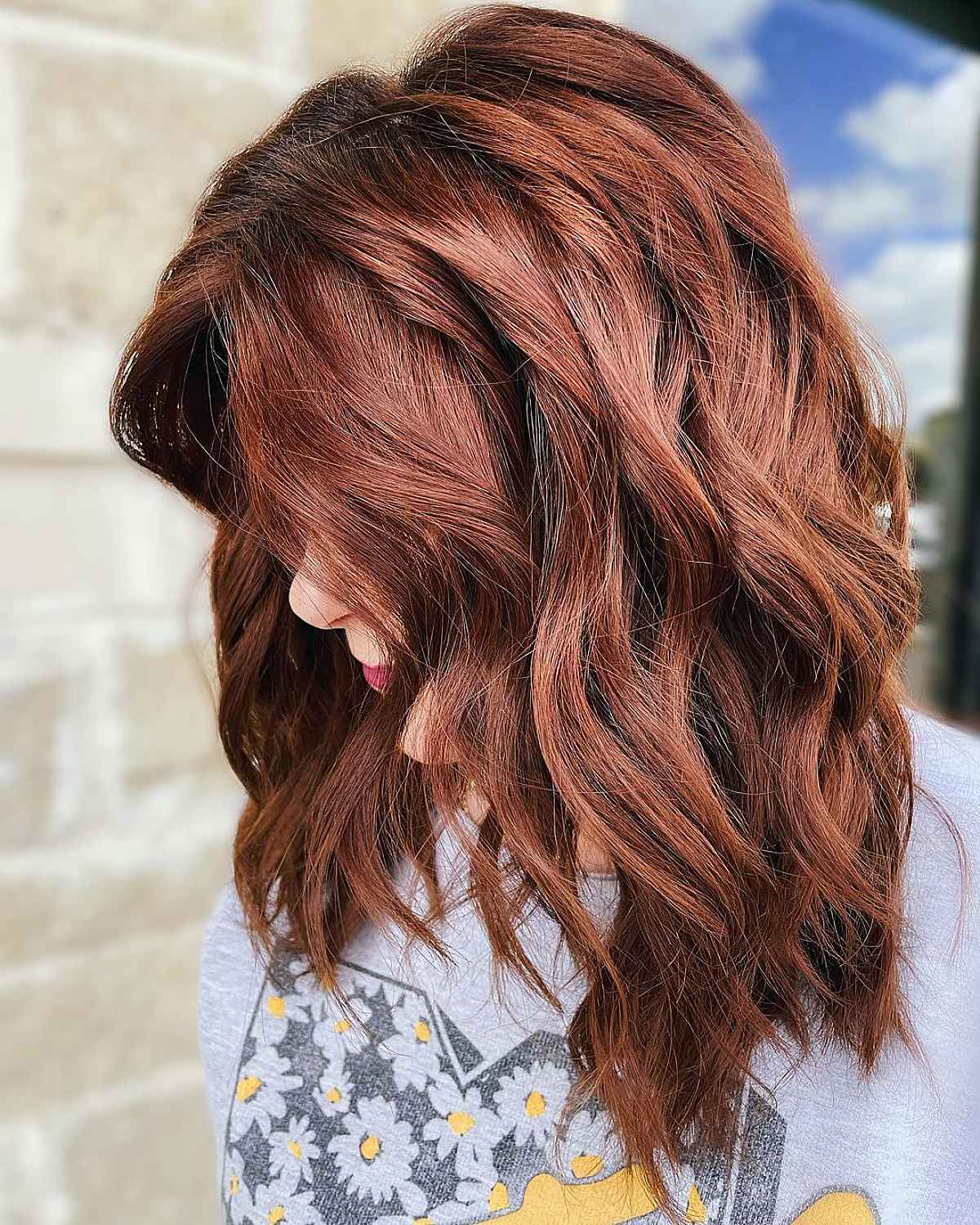 medium length cut with dark auburn balayage ladies passed 60