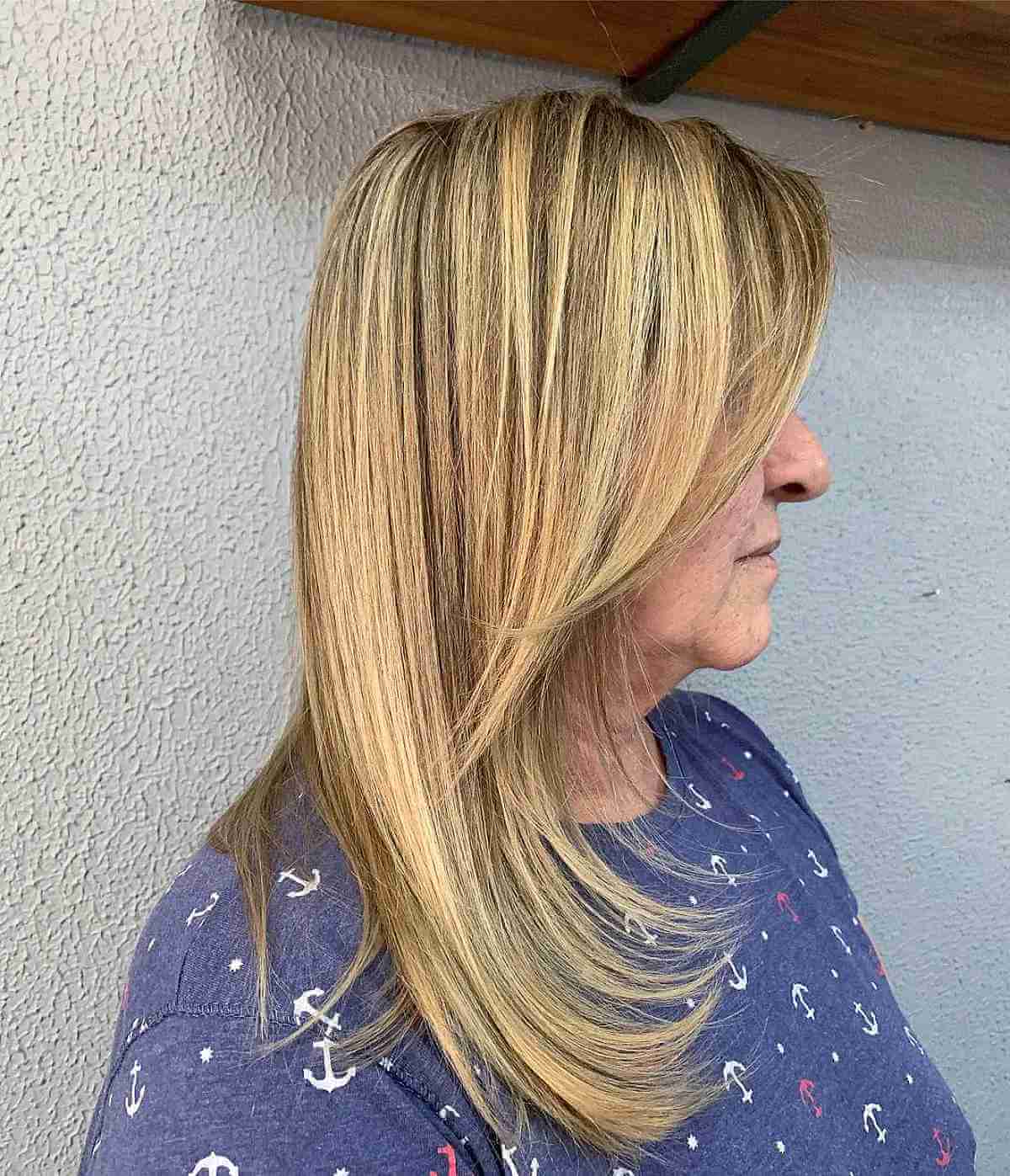 medium long blonde hair with long side bangs for old women