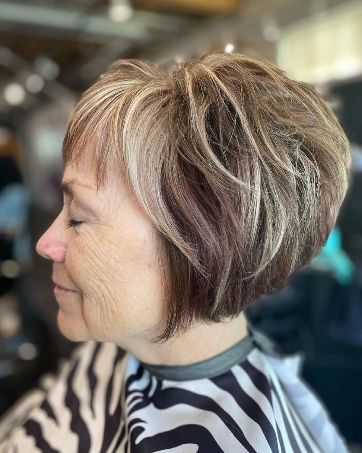 messy stacked bob with short bangs