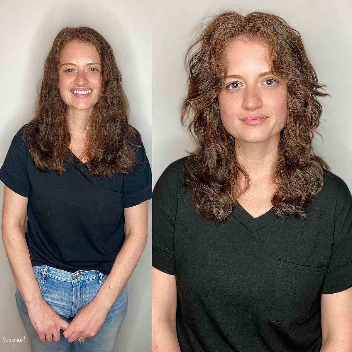 mid length shag with face framing layers and curtain bangs