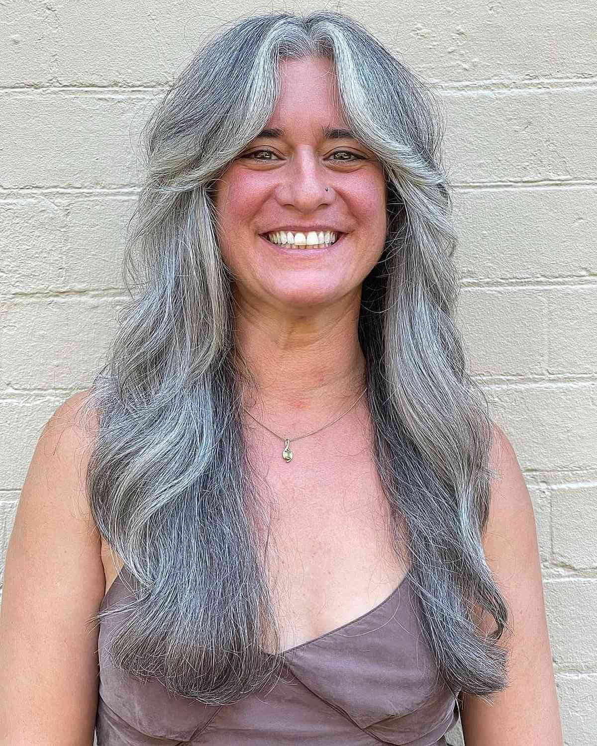 middle part silver long hair for women over forty