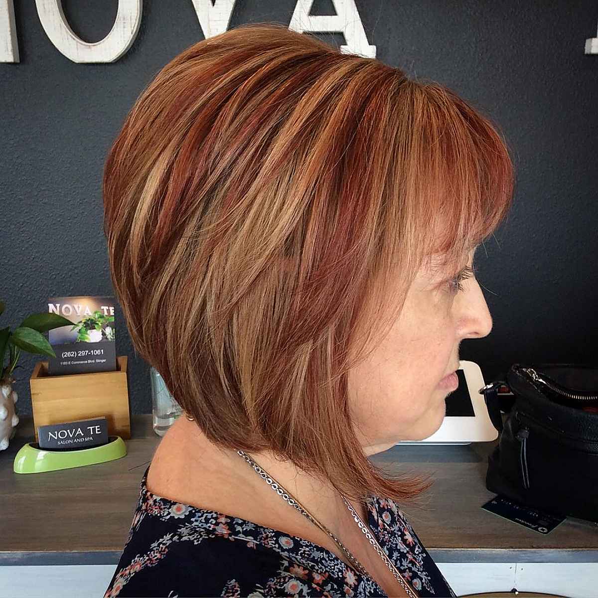 neck length bob with wispy bangs for women over 60