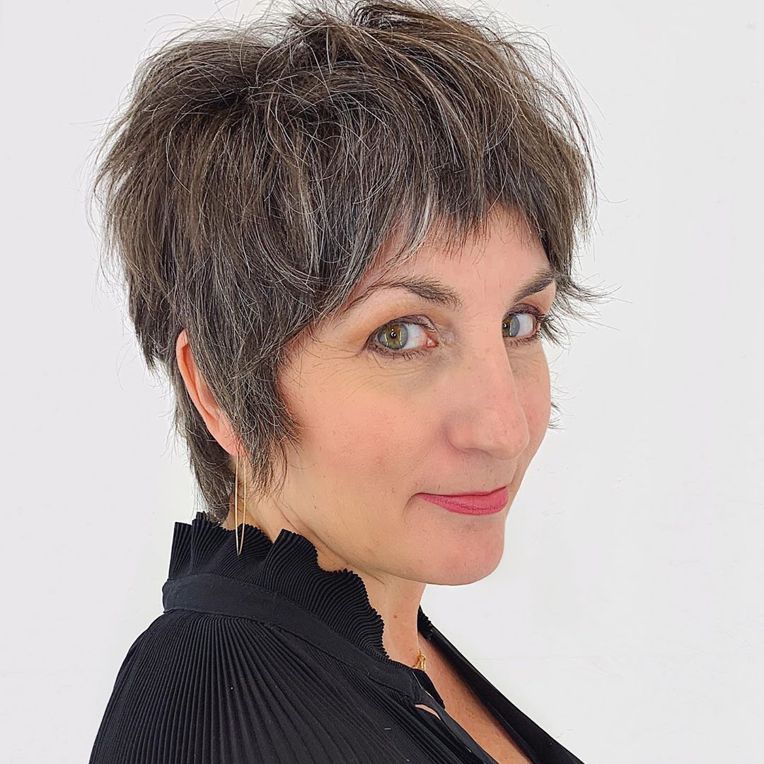 neck length shag cut for woman in her 50s and fine hair