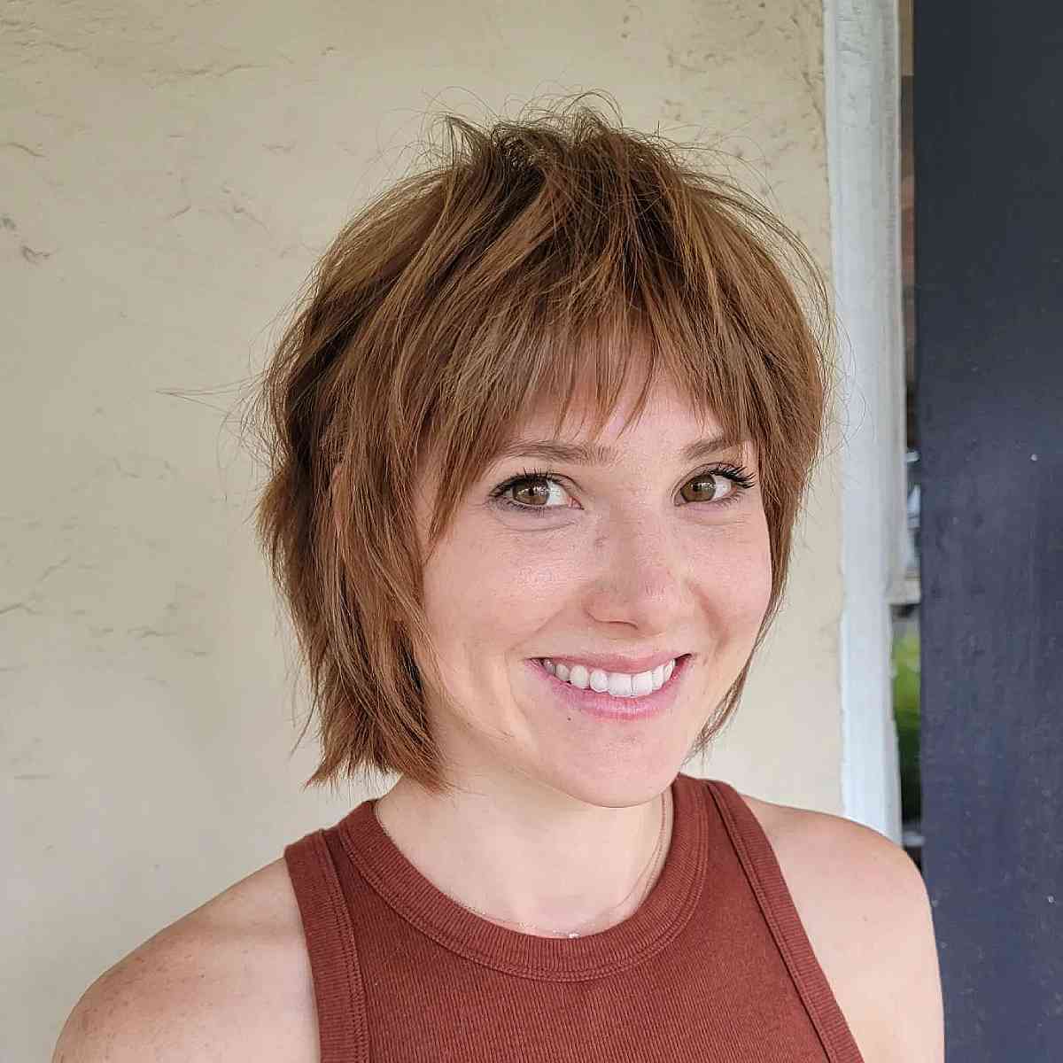 neck length shaggy bob with textured bangs