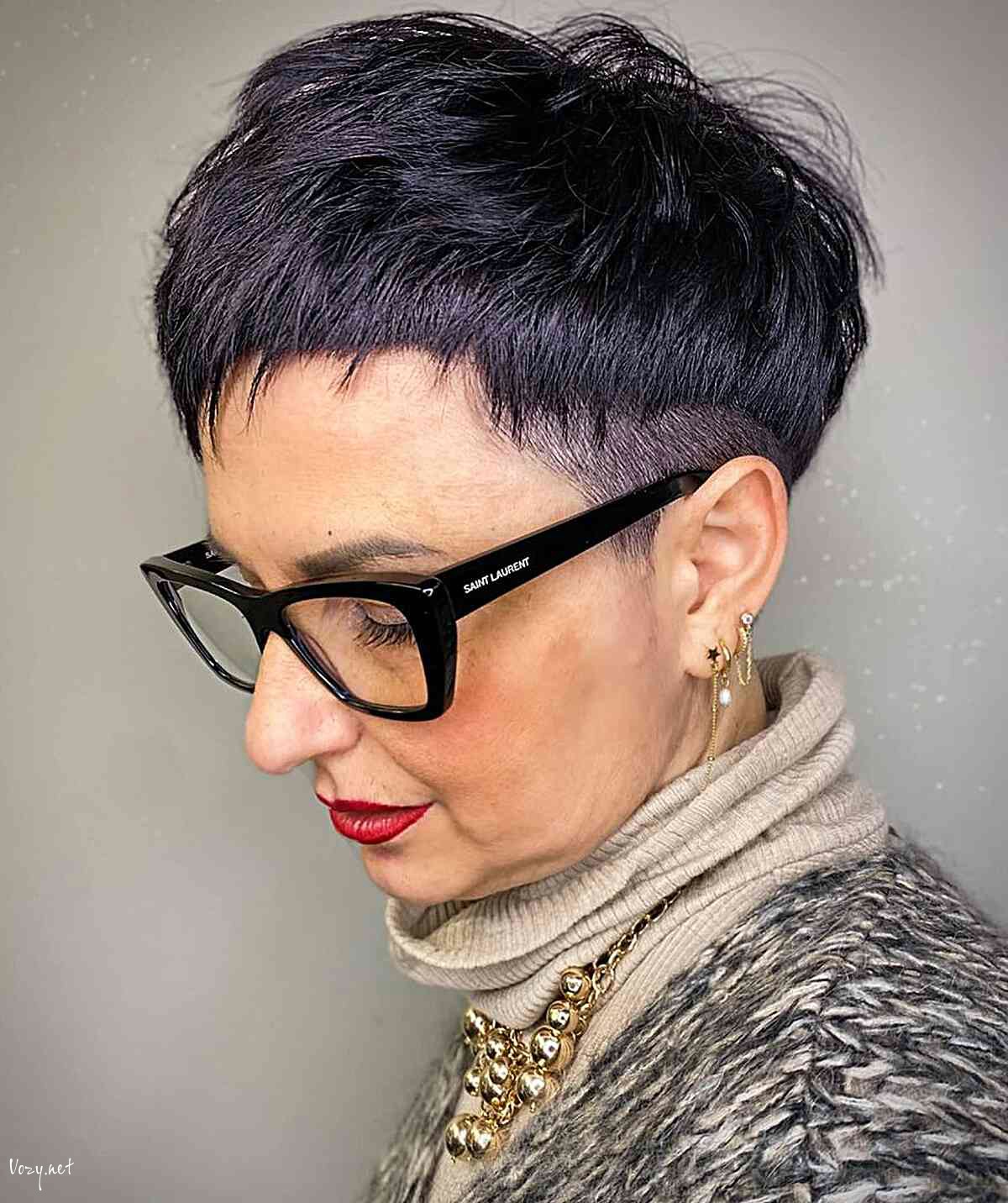 pixie bowl cut for short hair on women over 50 with glasses
