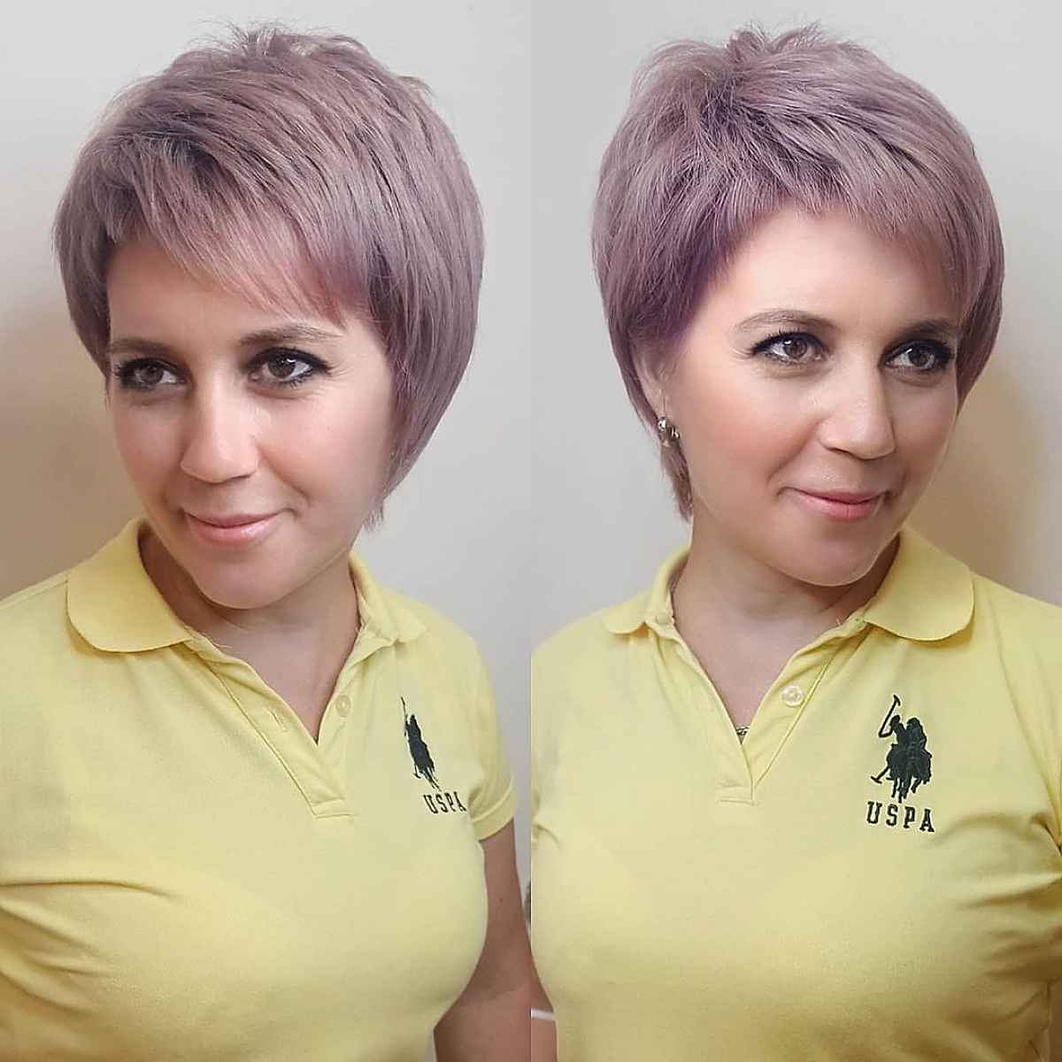 pixie crop with asymmetrical bangs for older women over 40