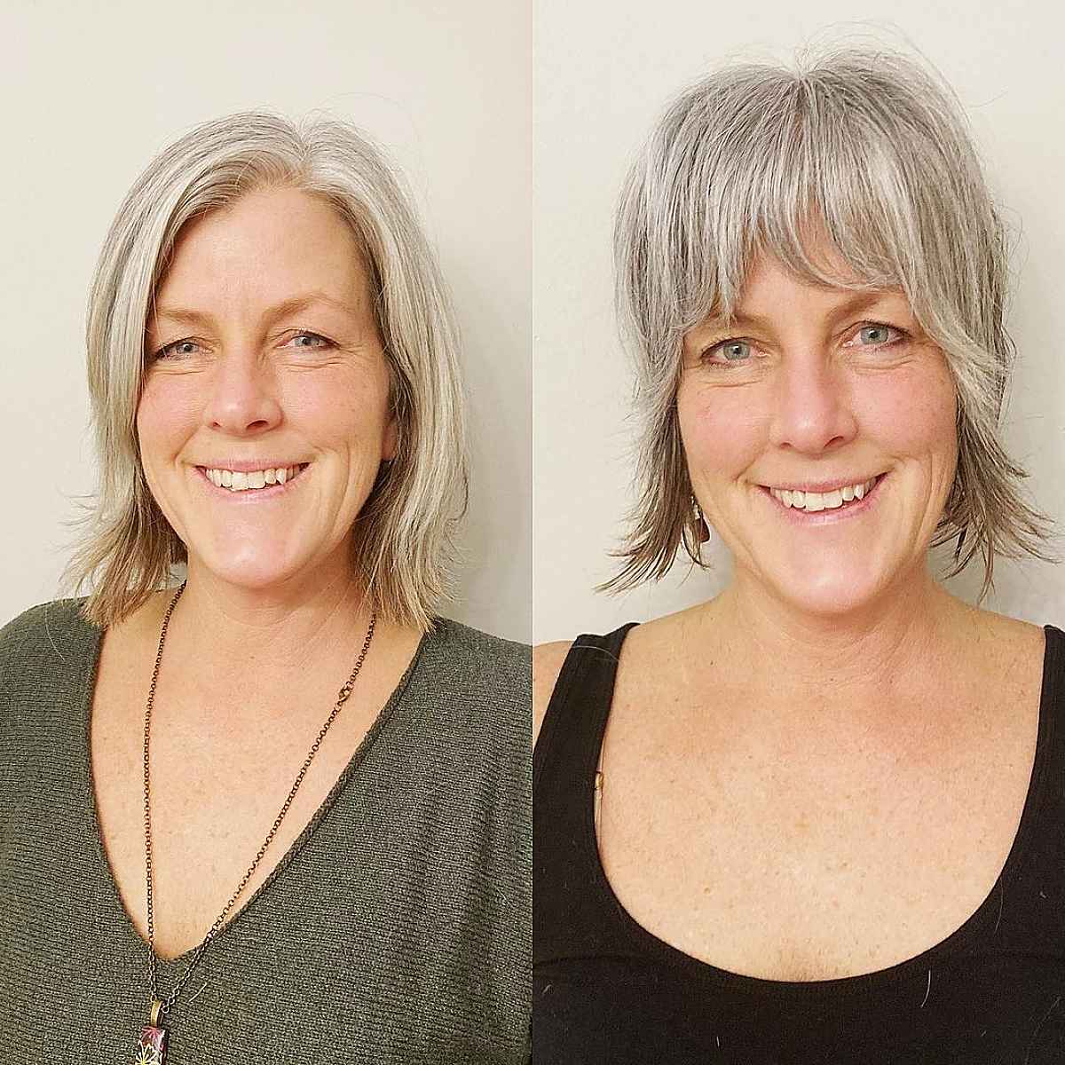razor cut shaggy bob with bangs for sixty year olds with silver hair