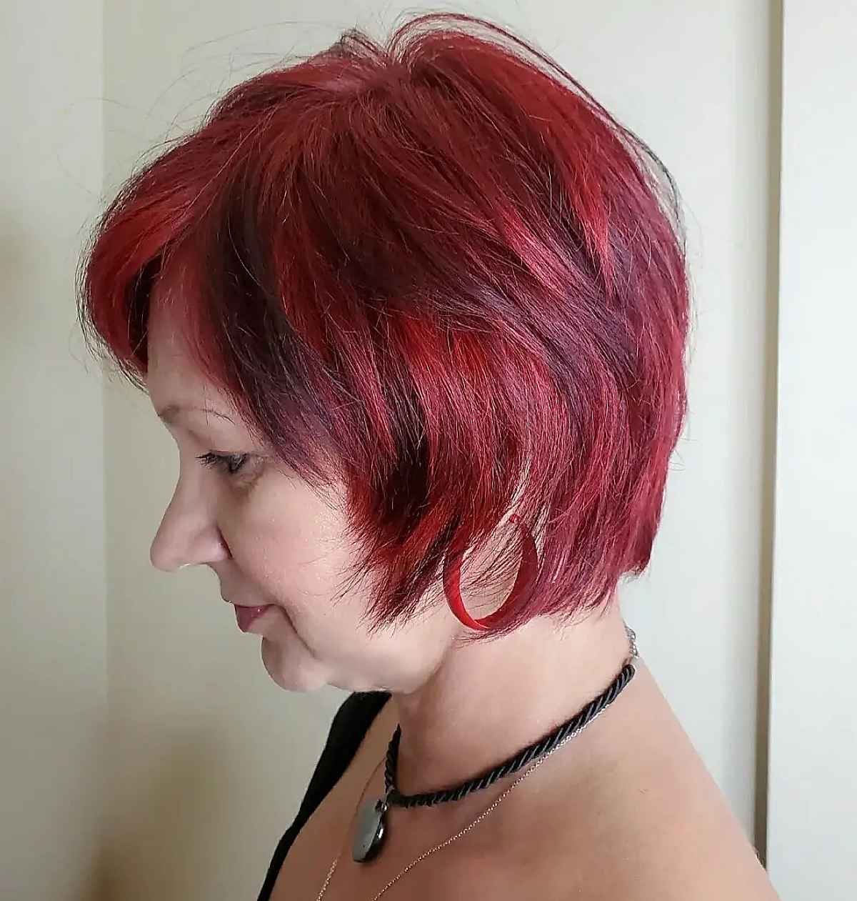 rich red long pixie bob older ladies over 60