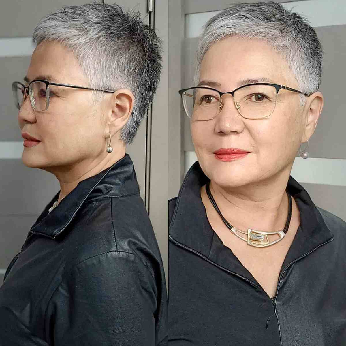 salt and pepper very short pixie for 60 year olds with grey hair