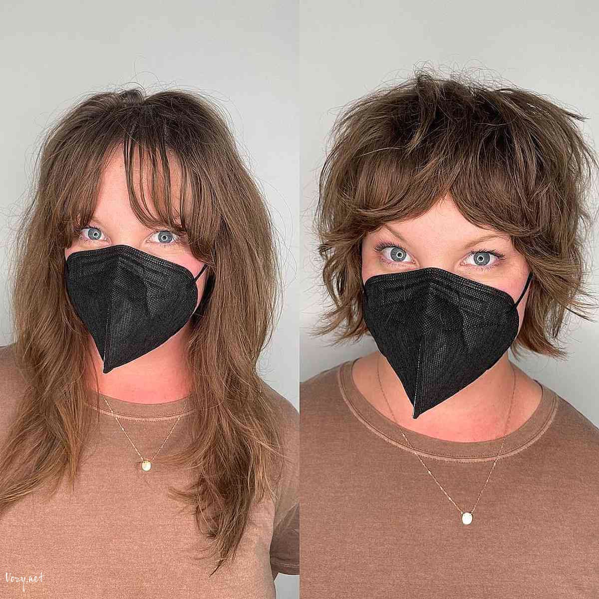 shaggy bob with shorter layers and curtain fringe