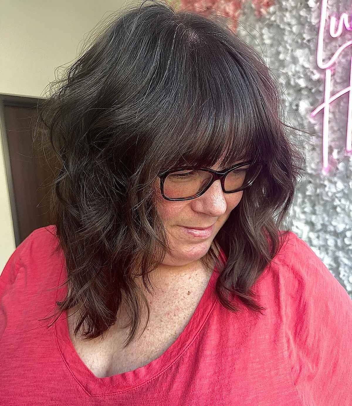 shaggy long hair for older ladies over 70 with glasses