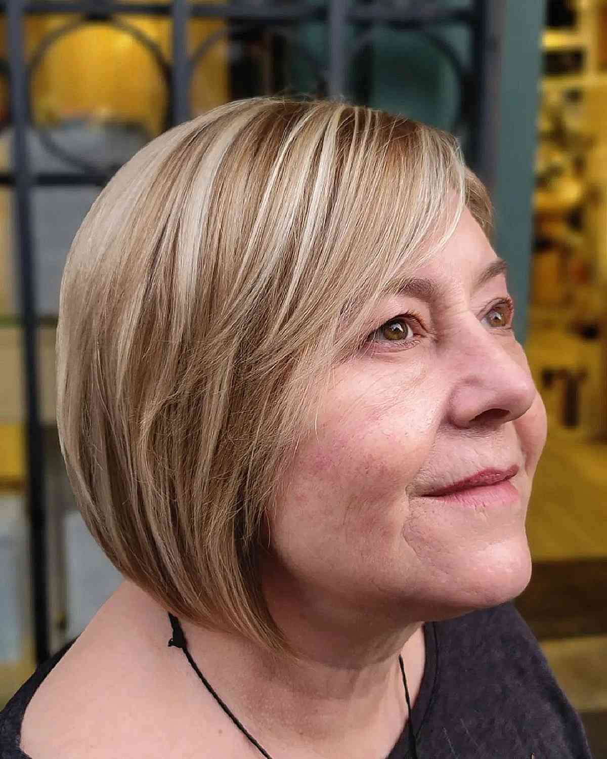 short bob with highlights and lowlights for curvy women over 60 years old