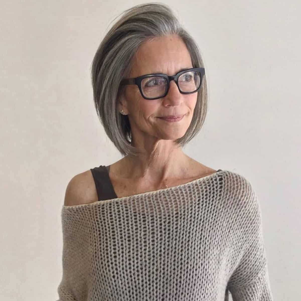 short grey haired bob for older women with glasses