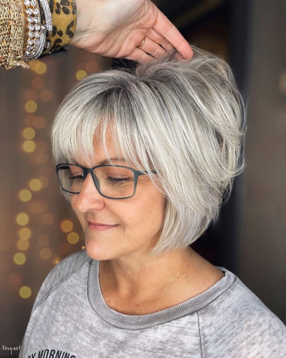short haircut for over 50 with thick hair and glasses