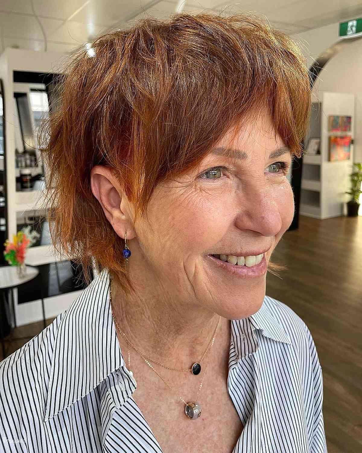 short messy shag with curtain fringe for women over 70