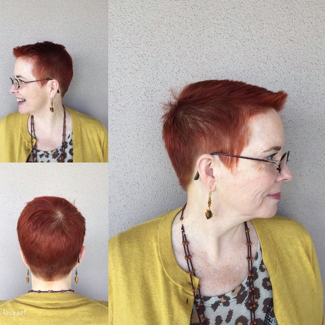 short pixie hairstyle for over 50 with glasses